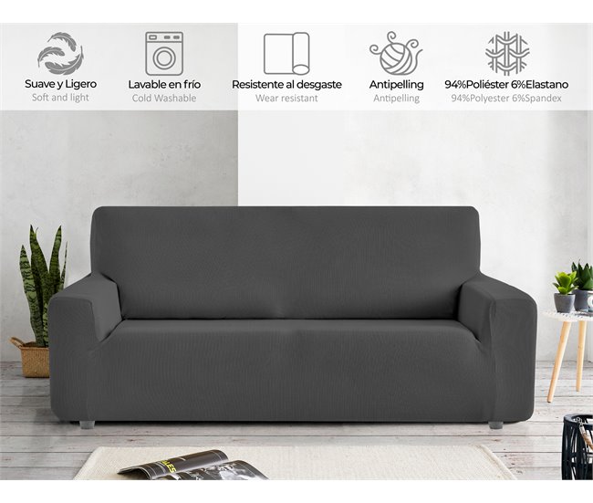 Conforama Eiffel Textile Funda De Sofá Elástica Adaptable. Protector Cubre Sofá. Liso Lavable Resistente Transpirable Desmontable. Con Spandex Elastano. Rústica. Gris 3 Plazas