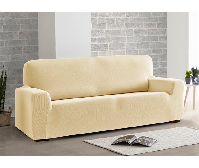 Conforama Eiffel Textile Funda De Sofá Elástica Adaptable. Protector Cubre Sofá. Liso Lavable Resistente Transpirable Desmontable. Con Spandex Elastano. Rústica. Beige 3 Plazas