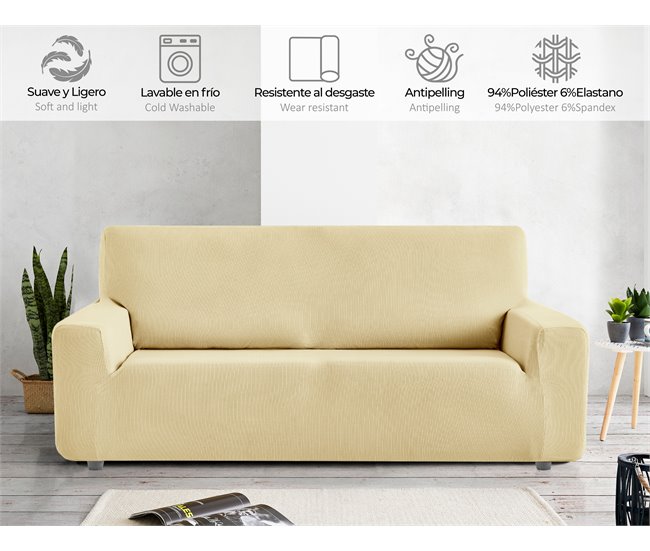 Conforama Eiffel Textile Funda De Sofá Elástica Adaptable. Protector Cubre Sofá. Liso Lavable Resistente Transpirable Desmontable. Con Spandex Elastano. Rústica. Beige 3 Plazas