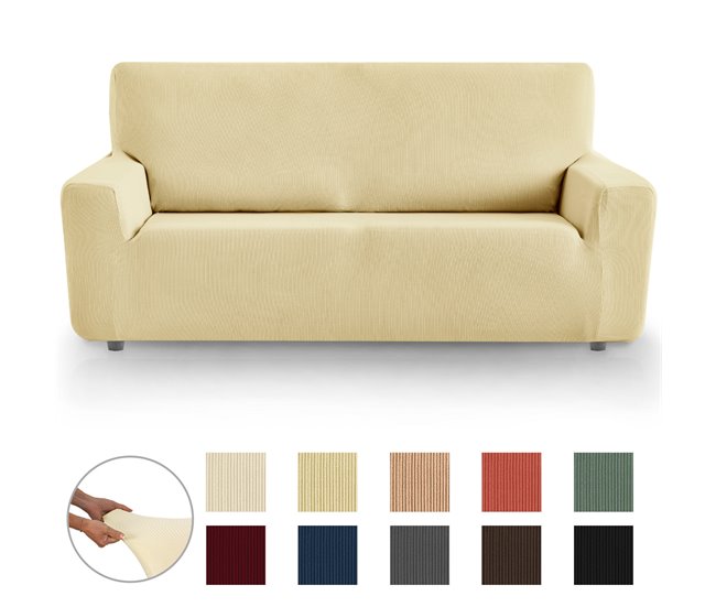 Conforama Eiffel Textile Funda de Sofá Elástica Adaptable. Protector Cubre Sofá. Liso Lavable Resistente Transpirable Desmontable. Con Spandex Elastano. Rústica. Beige 3 Plazas
