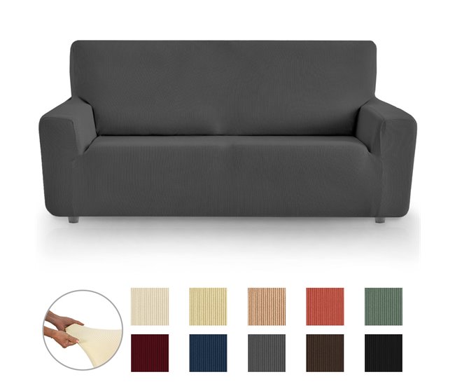 Conforama Eiffel Textile Funda de Sofá Elástica Adaptable. Protector Cubre Sofá. Liso Lavable Resistente Transpirable Desmontable. Con Spandex Elastano. Rústica. Gris 3 Plazas
