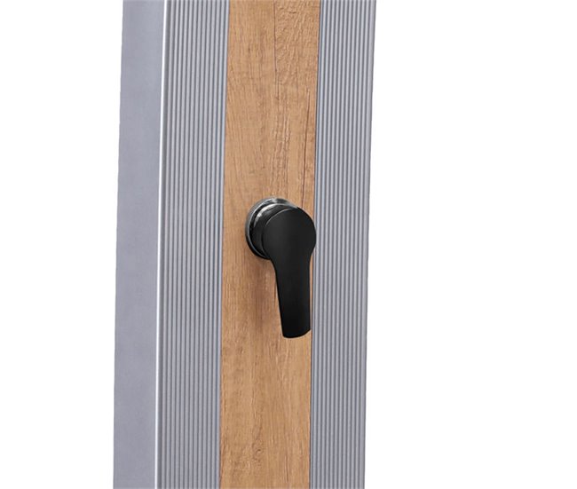 Conforama Elegante Ducha Solar De Aluminio Color Gris Ella Con Franja Central Color Madera Ducha De Jardín Y Piscina Exterior Con Mezclador Ducha Cuadrada Y Grifo Lavapiés Estructura De Aluminio Depósito De 40 Litros Altura 2