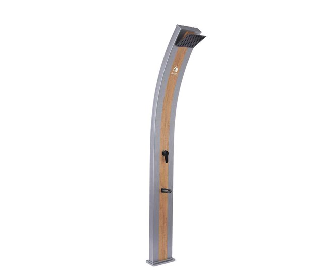 Conforama Elegante ducha solar de aluminio Color gris Ella con franja central color madera Ducha de jardín y piscina exterior con mezclador Ducha cuadrada y grifo lavapiés Estructura de aluminio Depósito de 40 litros Altura 2