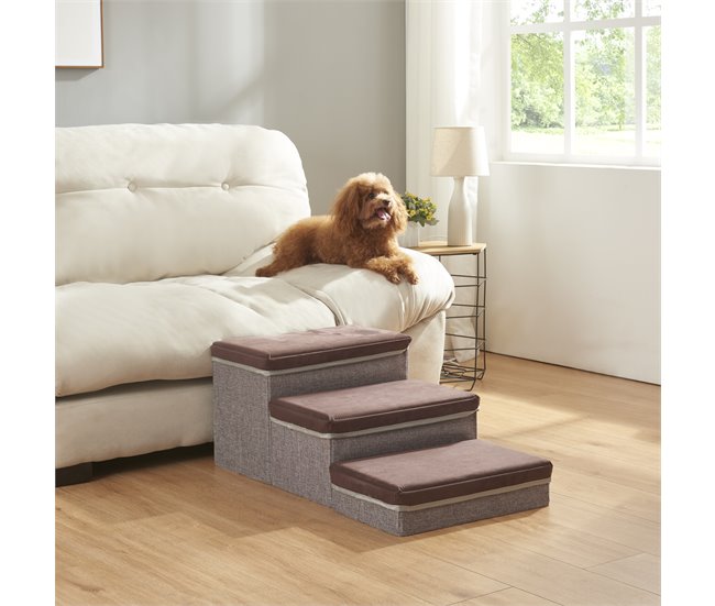 Conforama Escalera Para Perros Vojens De 3 Niveles MDF Y Imitacion De Cuero 75 X 40 X 30 Cm - Marrón Oscuro / Gris [en.casa]
