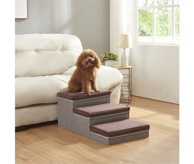 Conforama Escalera Para Perros Vojens De 3 Niveles MDF Y Imitacion De Cuero 75 X 40 X 30 Cm - Marrón Oscuro / Gris [en.casa]