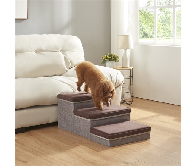 Conforama Escalera Para Perros Vojens De 3 Niveles MDF Y Imitacion De Cuero 75 X 40 X 30 Cm - Marrón Oscuro / Gris [en.casa]