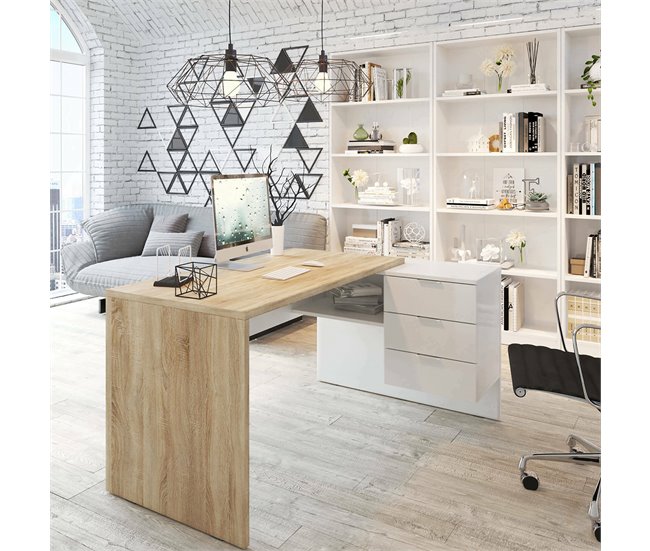 Conforama Escritorio Dafage Escritorio De Oficina Reversible Multifuncional Con Cajones Mesa De Estudio O De Oficina Con Soporte Para PC De Esquina 145x108h73 Cm Roble Y Blanco