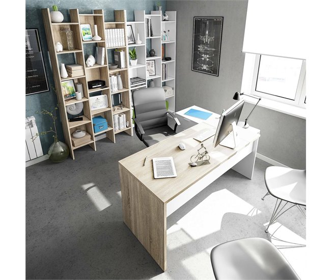 Conforama Escritorio Dafage Escritorio De Oficina Reversible Multifuncional Con Cajones Mesa De Estudio O De Oficina Con Soporte Para PC De Esquina 145x108h73 Cm Roble Y Blanco
