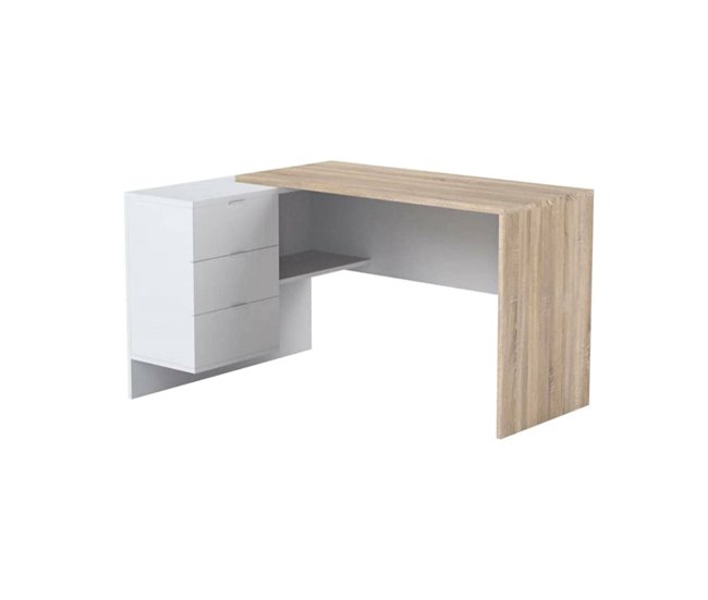 Conforama Escritorio Dafage Escritorio de oficina reversible multifuncional con cajones Mesa de estudio o de oficina con soporte para PC de esquina 145x108h73 cm Roble y Blanco