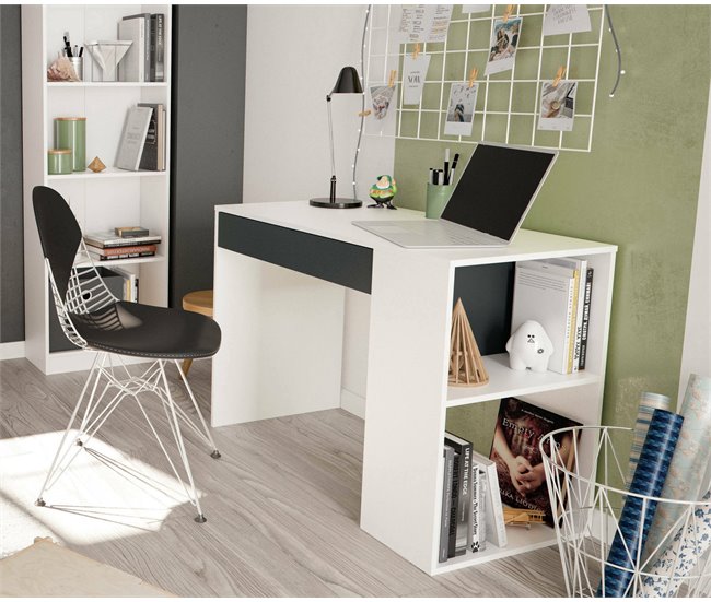 Conforama Escritorio Danani Escritorio Multifunción Reversible Con Cajón Mesa De Estudio U Oficina Para PC 101x50h73 Cm Blanco Y Antracita