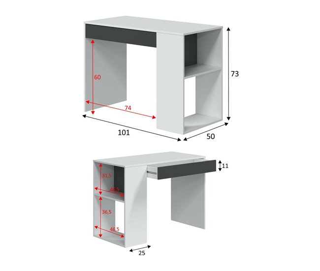 Conforama Escritorio Danani Escritorio Multifunción Reversible Con Cajón Mesa De Estudio U Oficina Para PC 101x50h73 Cm Blanco Y Antracita