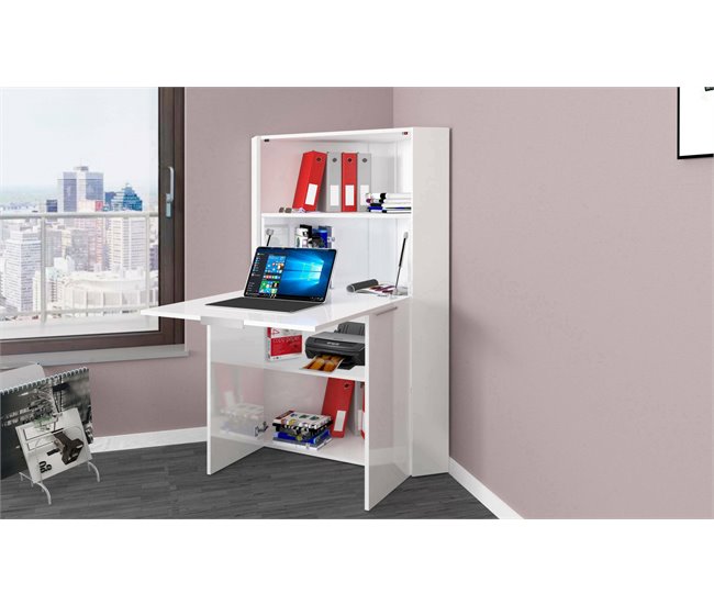 Conforama Escritorio Ddorva Mueble Multiusos Con Estantes Y Encimera Mesa De Oficina Multiusos Escritorio Multiposición Que Ahorra Espacio 100% Made In Italy 70x57h140 Cm Blanco Brillo