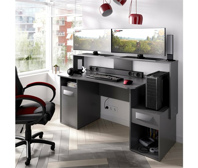 Conforama Escritorio Dgorin Moderno Escritorio Gaming Multifunción Mesa De Estudio Para PC Y Soporte Para CD 154x69h98 Cm Antracita Sin Luces LED
