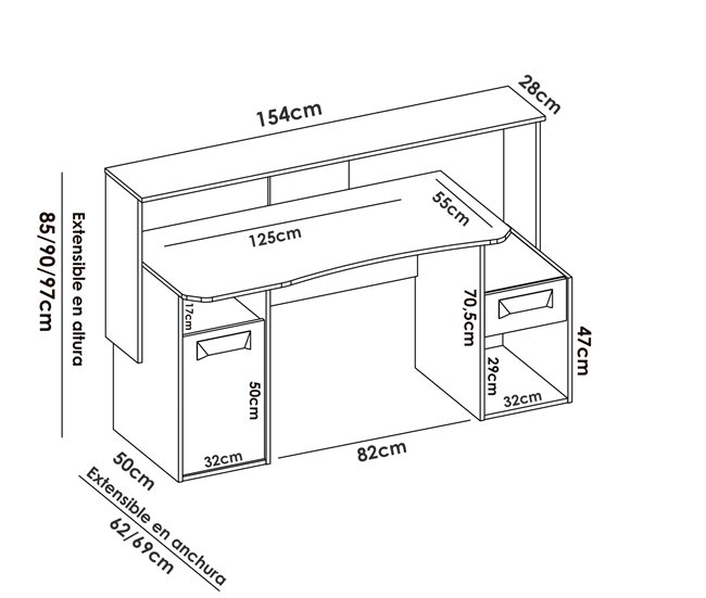 Conforama Escritorio Dgorin Moderno Escritorio Gaming Multifunción Mesa De Estudio Para PC Y Soporte Para CD 154x69h98 Cm Antracita Sin Luces LED