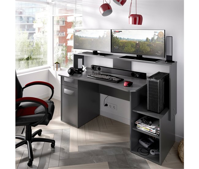 Conforama Escritorio Dgorin Moderno Escritorio Gaming Multifunción Mesa De Estudio Para PC Y Soporte Para CD 154x69h98 Cm Antracita Sin Luces LED