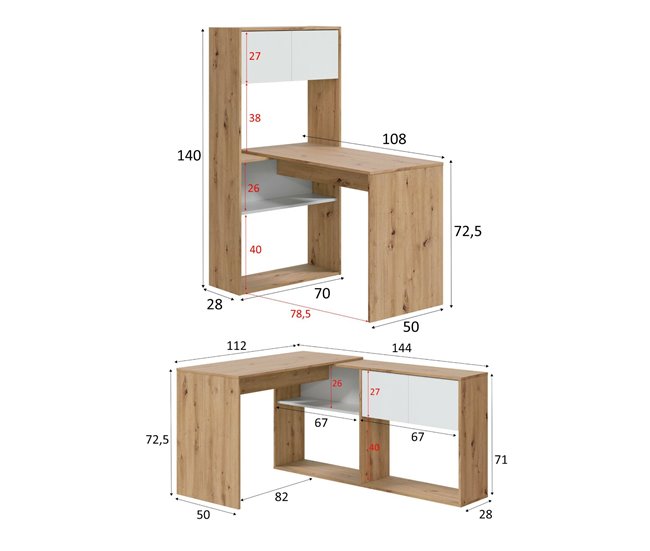Conforama Escritorio Dmangn Escritorio Esquinero Multifuncional Reversible Con Librería Mesa De Estudio U Oficina Multiposición 108x70h140 Cm Roble Blanco Y Anudado