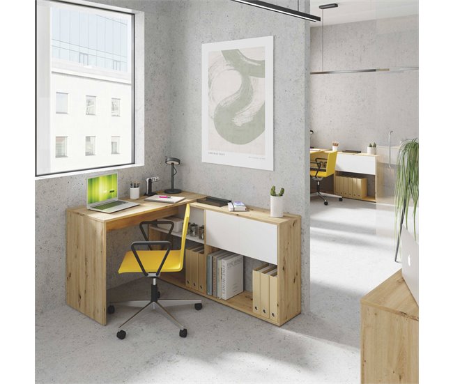 Conforama Escritorio Dmangn Escritorio Esquinero Multifuncional Reversible Con Librería Mesa De Estudio U Oficina Multiposición 108x70h140 Cm Roble Blanco Y Anudado