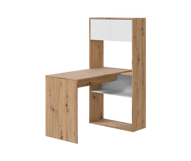 Conforama Escritorio Dmangn Escritorio esquinero multifuncional reversible con librería Mesa de estudio u oficina multiposición 108x70h140 cm Roble blanco y anudado