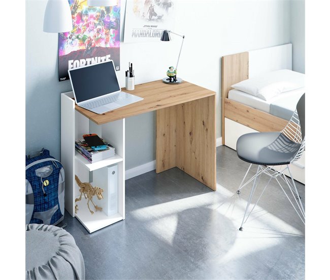 Conforama Escritorio Dmonti Escritorio Multifunción Reversible Multiposición Mesa De Estudio U Oficina Para PC Con Balda Y Estantes 100x52h78 Cm Roble Blanco Y Anudado