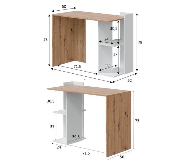 Conforama Escritorio Dmonti Escritorio Multifunción Reversible Multiposición Mesa De Estudio U Oficina Para PC Con Balda Y Estantes 100x52h78 Cm Roble Blanco Y Anudado