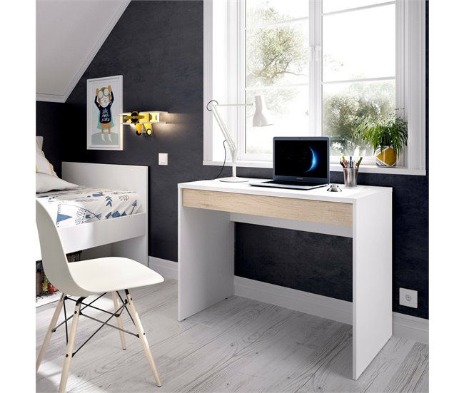 Conforama Escritorio Perforado Escritorio De Oficina Multiusos Que Ahorra Espacio Mesa De Estudio Lineal Con 1 Cajón 90x50h74 Cm Blanco Y Roble