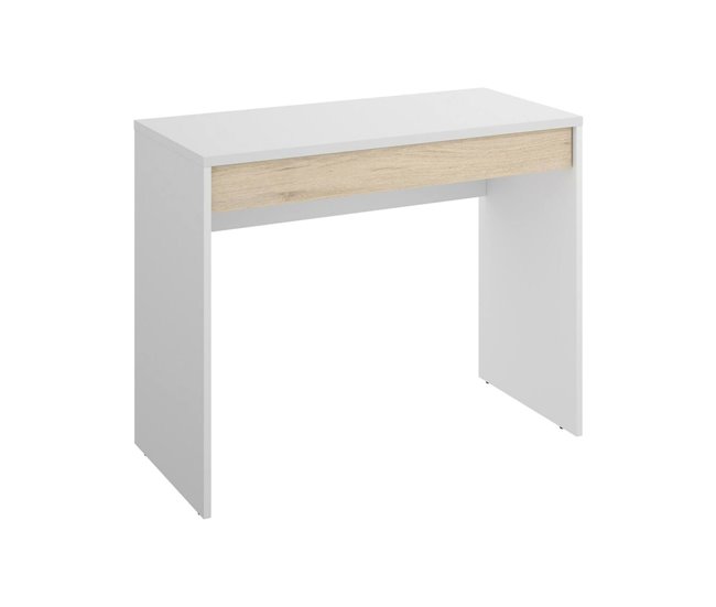 Conforama Escritorio Perforado Escritorio de oficina multiusos que ahorra espacio Mesa de estudio lineal con 1 cajón 90x50h74 cm Blanco y Roble