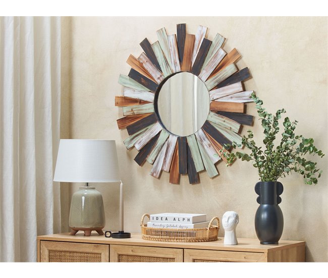 Conforama Espejo De Pared De Madera De Abeto Clara/blanco/verde ø 75 Cm TAMPICO