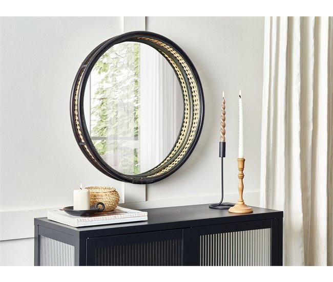 Conforama Espejo De Pared De Ratán Redondo Negro ø 60 Cm DAKSA