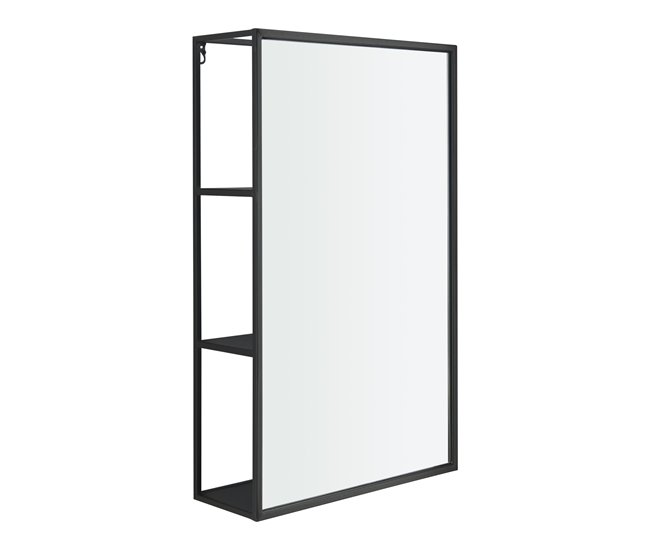 Conforama Espejo de pared Sunne rectangular con estantes acero y cristal 60 x 36 x 13 cm - Negro [ en.casa]