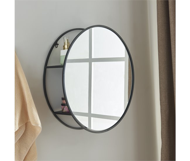 Conforama Espejo De Pared Sunne Redondo Con 2 Estantes Acero Y Cristal 50 X 50 X 13 Cm - Negro [ En.casa]