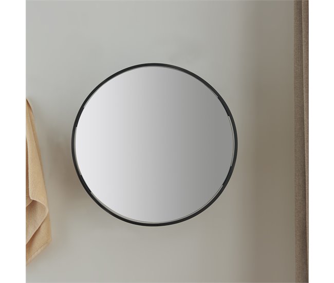 Conforama Espejo De Pared Sunne Redondo Con 2 Estantes Acero Y Cristal 50 X 50 X 13 Cm - Negro [ En.casa]