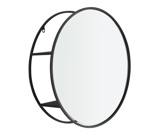 Conforama Espejo de pared Sunne redondo con 2 estantes acero y cristal 50 x 50 x 13 cm - Negro [ en.casa]