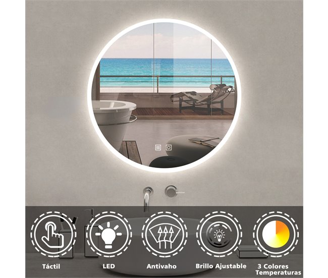 Conforama Espejo Redondo De Baño LED 60cm + Antivaho + Brillo Ajustable