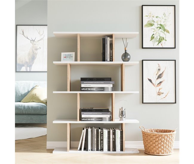 Conforama Estante 4 Niveles Blanco Y Decorado En Roble L90 Cm - HARMON