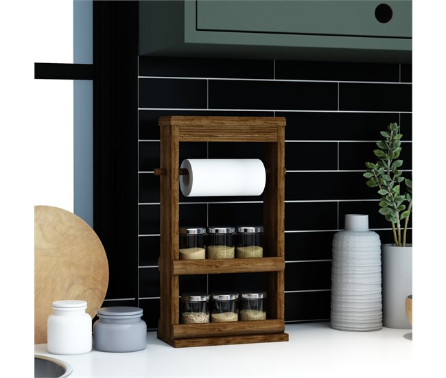 Conforama Estantería De Cocina Sydfalster Con Portarollos Pino Teñido 45 X 28 X 12 5 Cm - Madera De Tono Oscuro [en.casa]