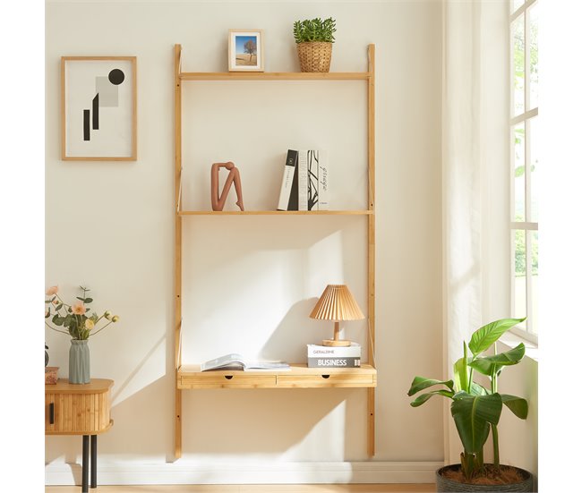 Conforama Estantería De Pared Tingvoll Con 2 Estantes + 2 Cajones - Bambú [en.casa]