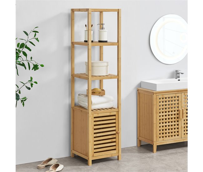 Conforama Estantería De Pie Para Baño Liminka 4 Estantes 1 Puerta Bambú 140 X 34 X 33 Cm Natural [en.casa]