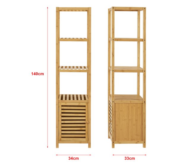 Conforama Estantería De Pie Para Baño Liminka 4 Estantes 1 Puerta Bambú 140 X 34 X 33 Cm Natural [en.casa]