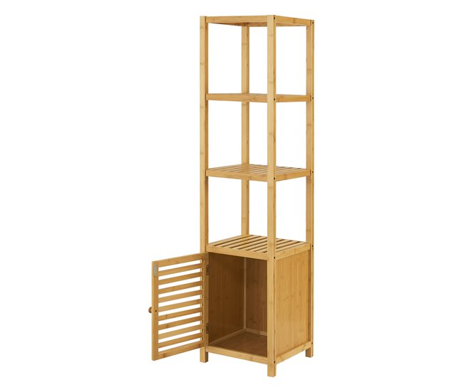 Conforama Estantería De Pie Para Baño Liminka 4 Estantes 1 Puerta Bambú 140 X 34 X 33 Cm Natural [en.casa]