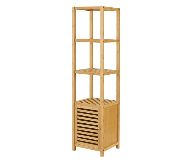 Conforama Estantería de pie para baño Liminka 4 estantes 1 puerta bambú 140 x 34 x 33 cm natural [en.casa]