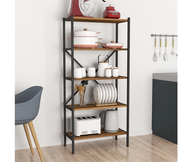 Conforama Estantería De Pie Tomelilla 5 Niveles Metal/aglomerado 160 X 66 X 34 Cm Nogal/antracita [en.casa]