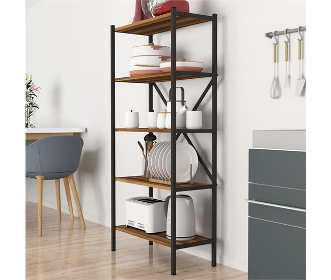 Conforama Estantería De Pie Tomelilla 5 Niveles Metal/aglomerado 160 X 66 X 34 Cm Nogal/antracita [en.casa]