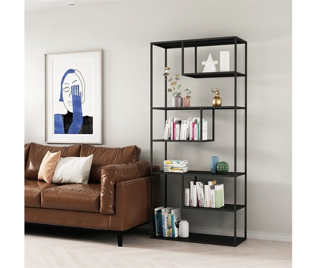 Conforama Estantería De Pie Vehmaa De 6 Compartimentos Abiertos Con Diseño Industrial Acero 188 X 85 X 35 Cm - Negro [en.casa]