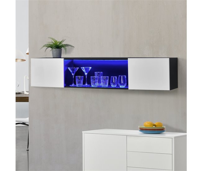 Conforama Estantería Mural Thabong Con LED Azul 2 Puertas Y Un Estante - Aglomerado 150 X 30 X 30 Cm Negro / Blanco [en.casa]