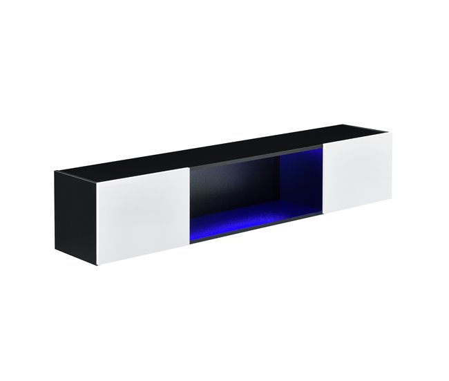Conforama Estantería mural Thabong con LED Azul 2 Puertas y un Estante - aglomerado 150 x 30 x 30 cm Negro / Blanco [en.casa]