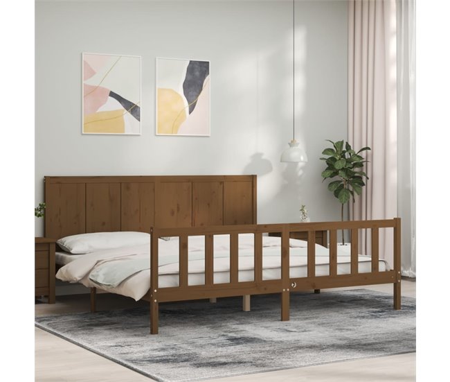 Conforama Estructura Cama Y Cabecero Madera Maciza Marrón Miel 200x200 Cm
