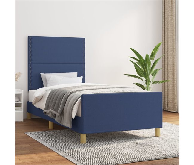 Conforama Estructura De Cama Con Cabecero De Tela Azul 100x200 Cm Liso Con Clavos