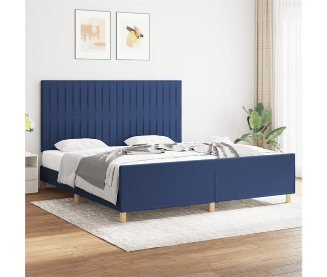 Conforama Estructura De Cama Con Cabecero De Tela Azul 180x200 Cm Rayas Verticales