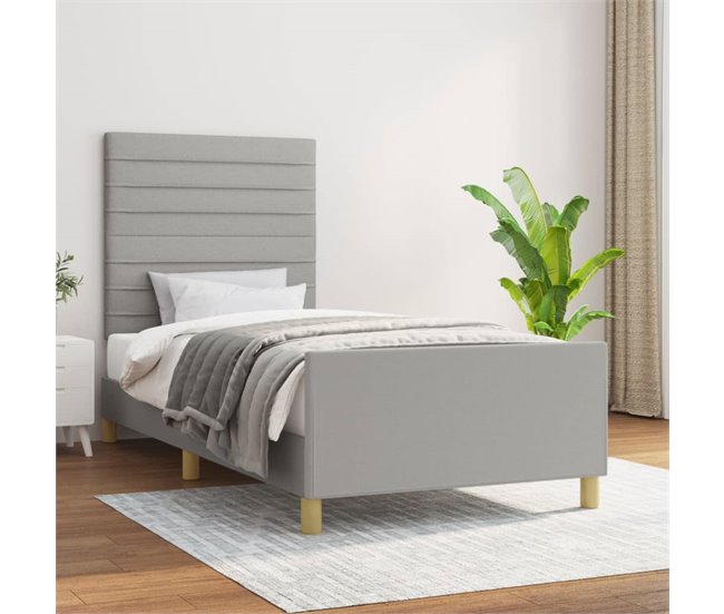 Conforama Estructura De Cama Con Cabecero De Tela Gris Claro 90x200 Cm Rayas Horizontales