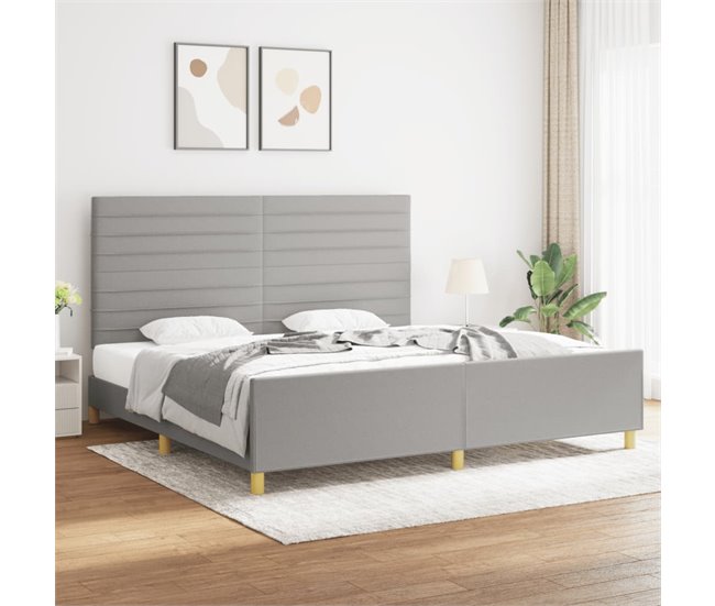 Conforama Estructura De Cama Con Cabecero De Tela Gris Claro 200x200 Cm Rayas Horizontales